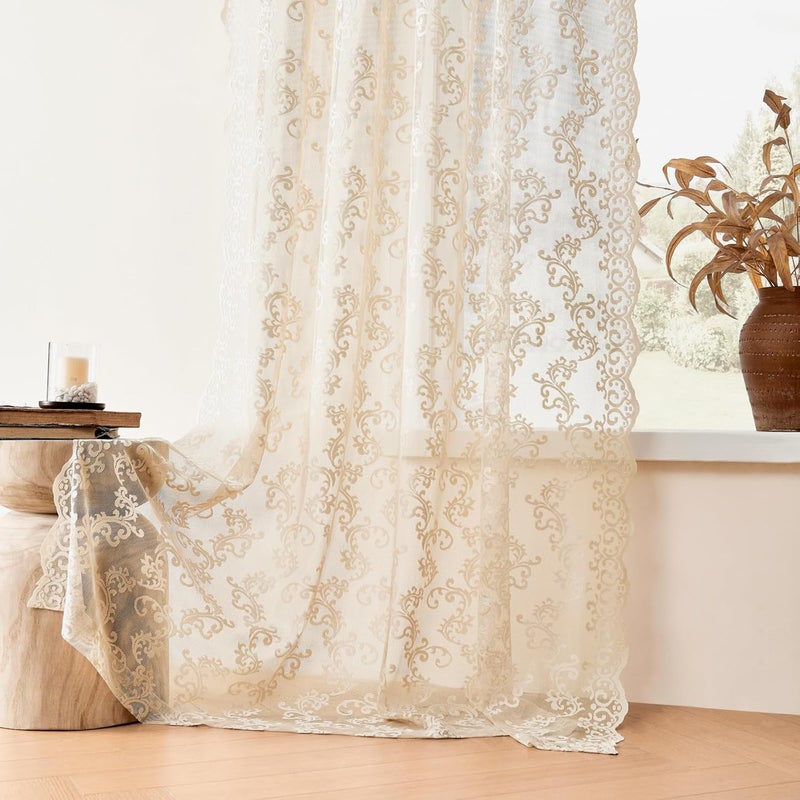 FOLKSIDE Beige Lace Curtains 102 Inches Long 2 Panels Vintage Paisley Sheer Lace Curtains for Living Room Bedroom Rod Pocket Light Filtering Large Window Privacy Decor for Dining Room Neutral Drapes, 52x102 - Image 5